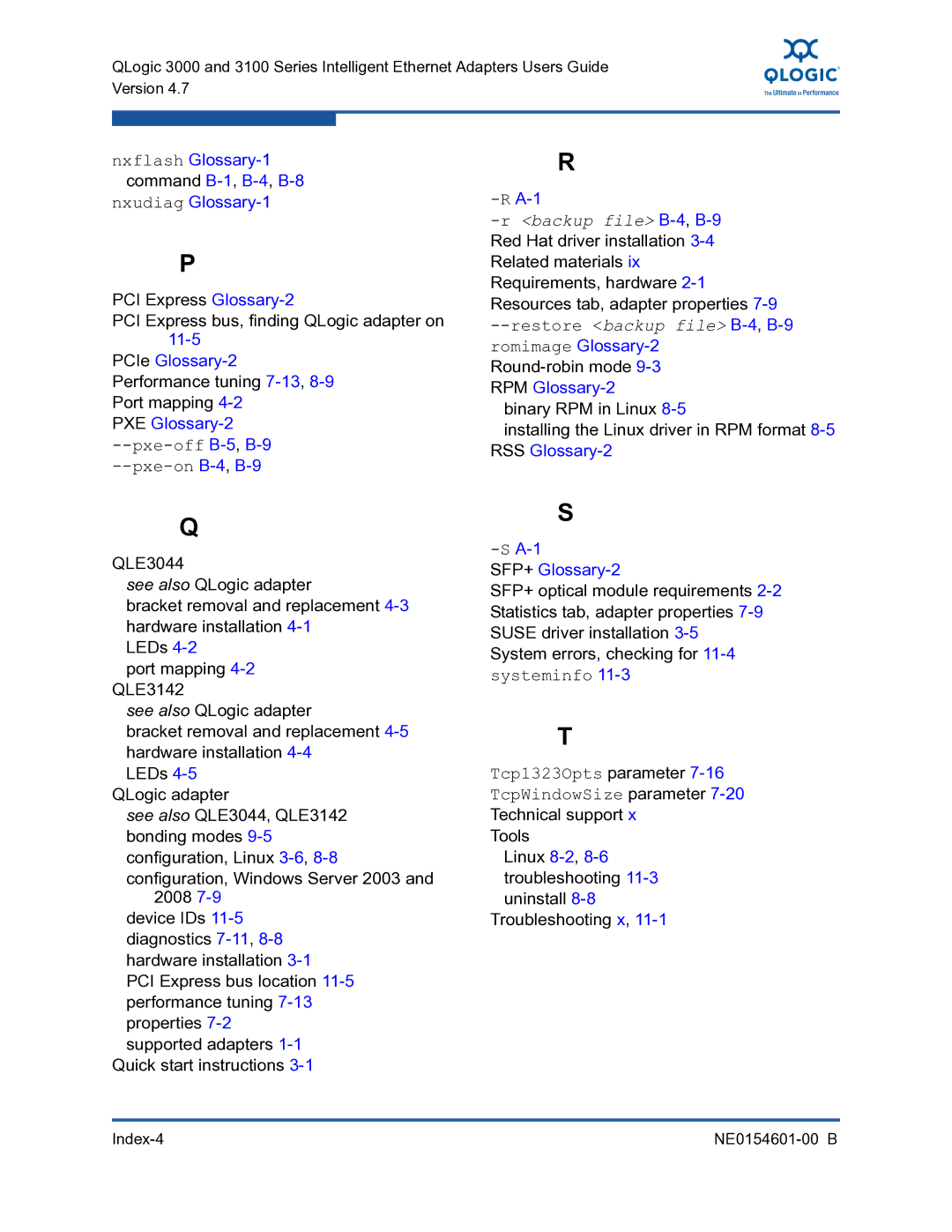 Q-Logic 3100, 3000 manual Pxe-off B-5,B-9 Pxe-on B-4,B-9, SFP+ Glossary-2 