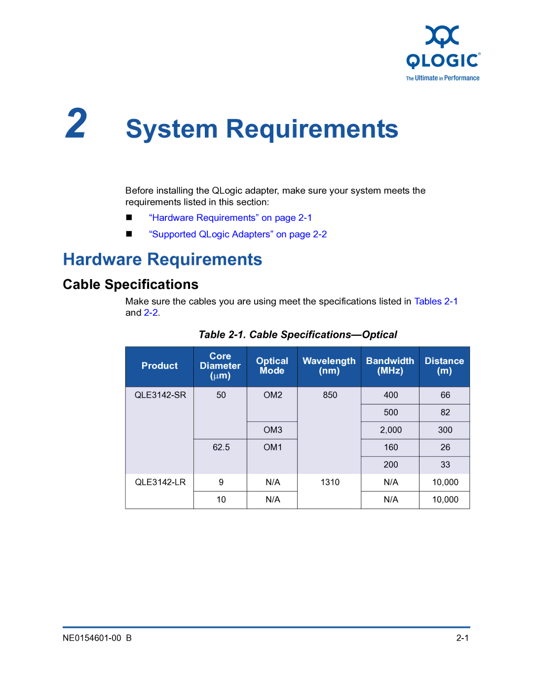 Q-Logic 3000, 3100 manual System Requirements, Hardware Requirements, Cable Specifications-Optical 