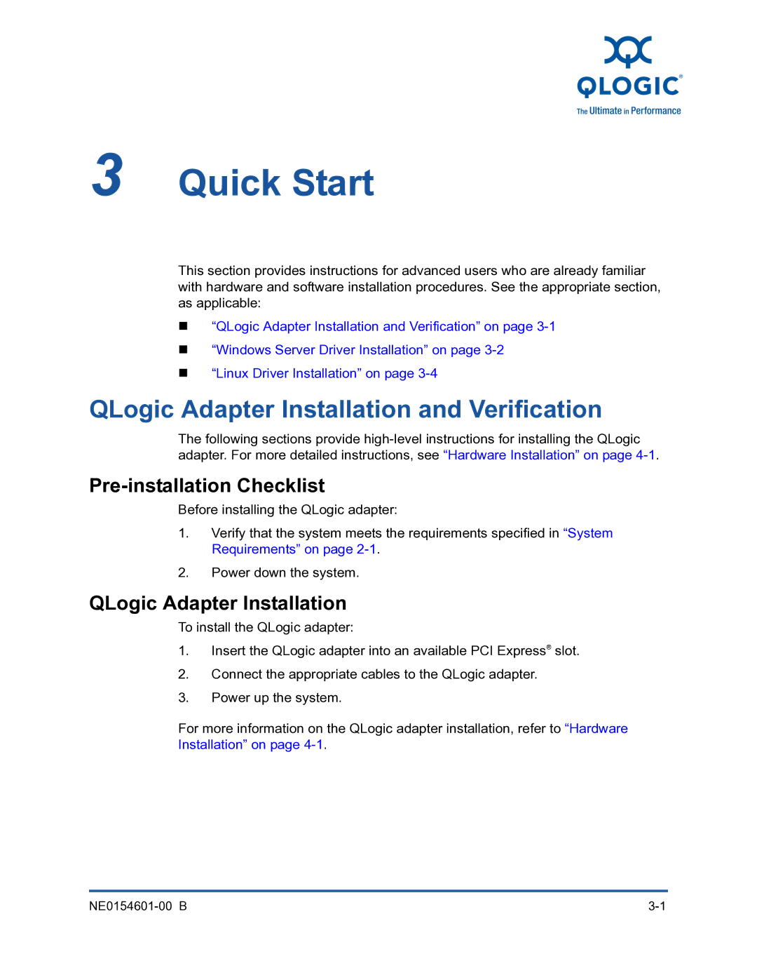 Q-Logic 3000, 3100 manual Quick Start, QLogic Adapter Installation and Verification, Pre-installation Checklist 