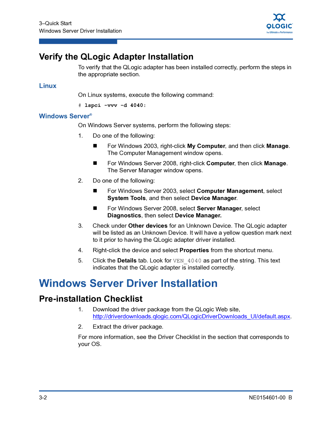 Q-Logic 3100, 3000 manual Windows Server Driver Installation, Verify the QLogic Adapter Installation, Linux 