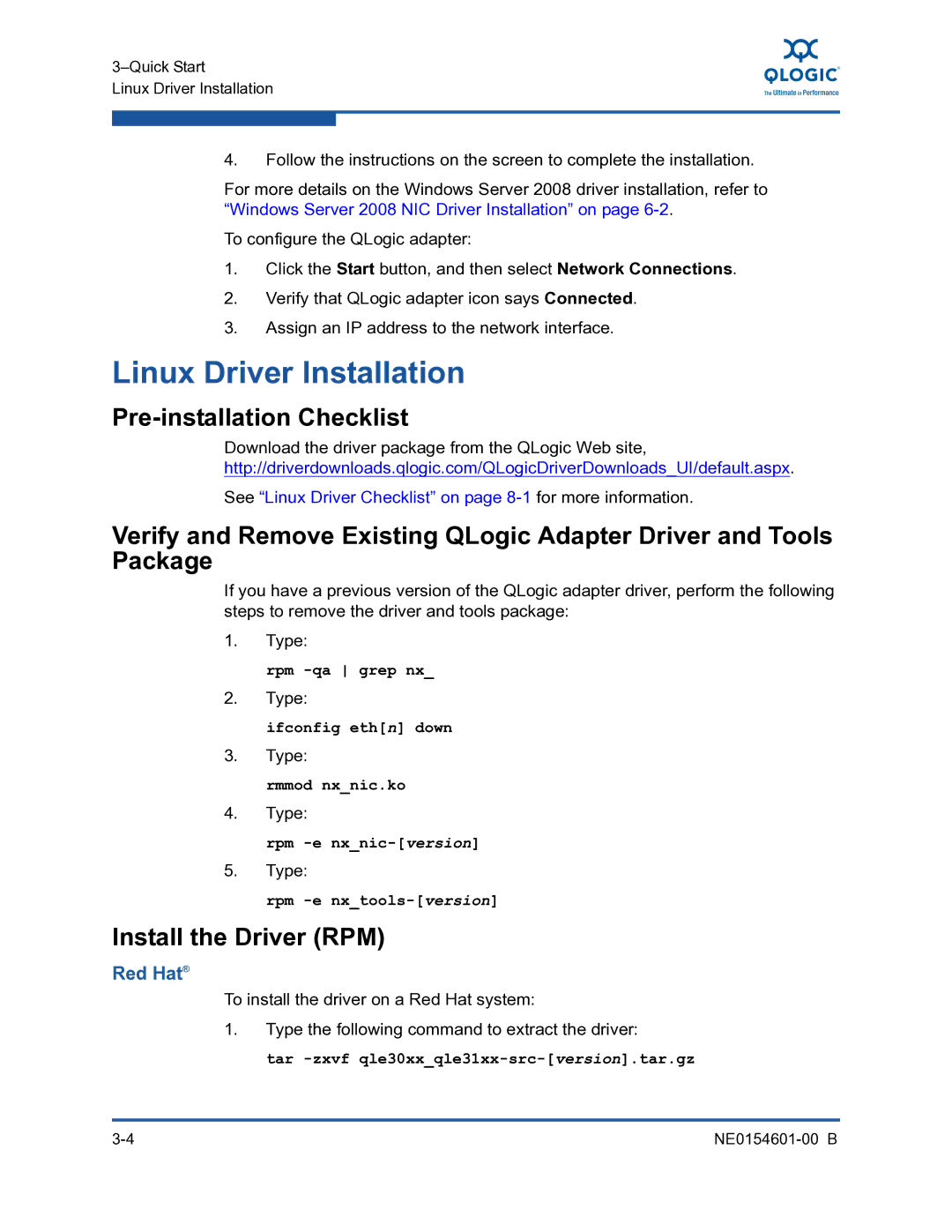 Q-Logic 3100, 3000 manual Linux Driver Installation, Install the Driver RPM, Red Hat 