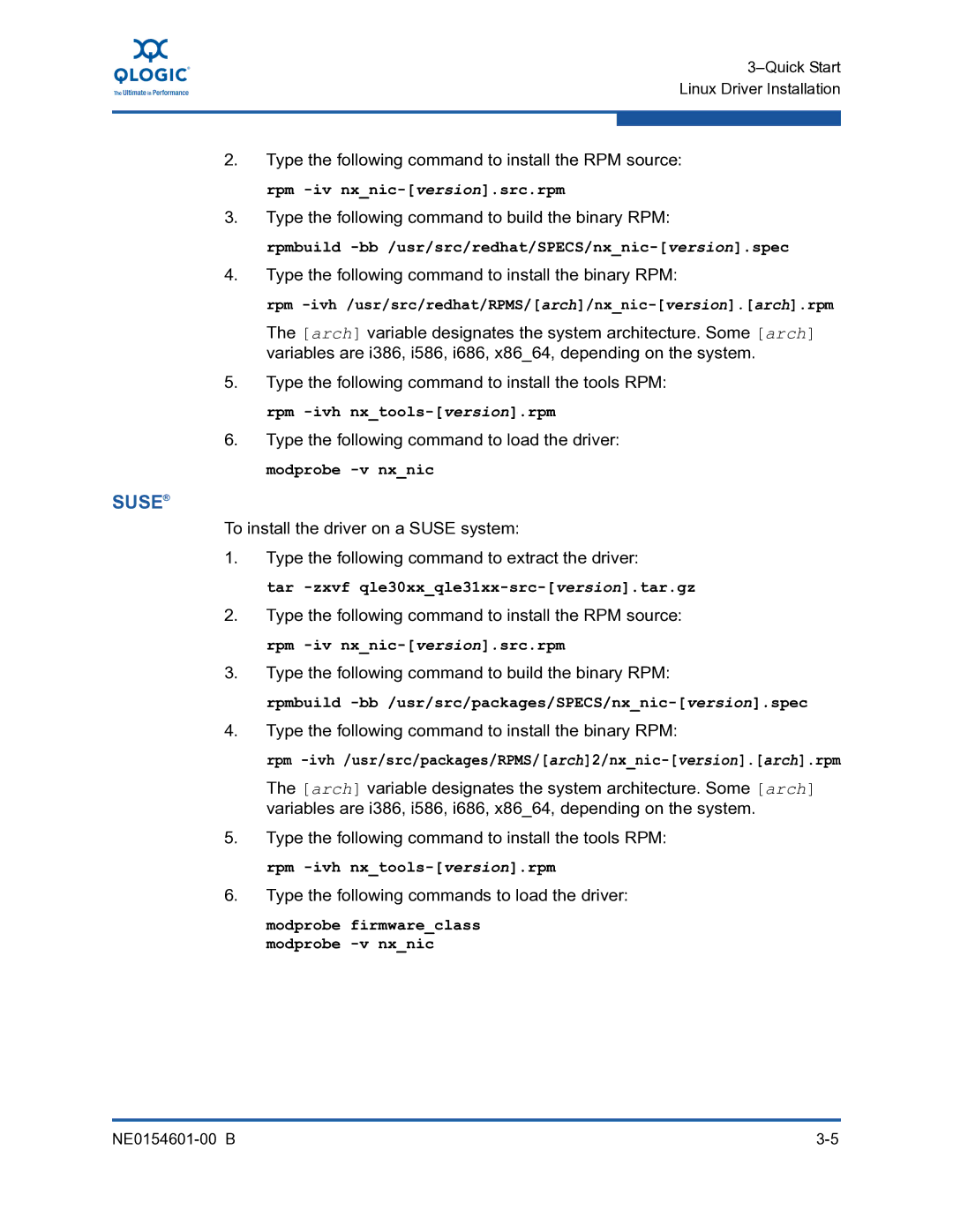 Q-Logic 3000, 3100 manual Suse, Type the following command to install the binary RPM 