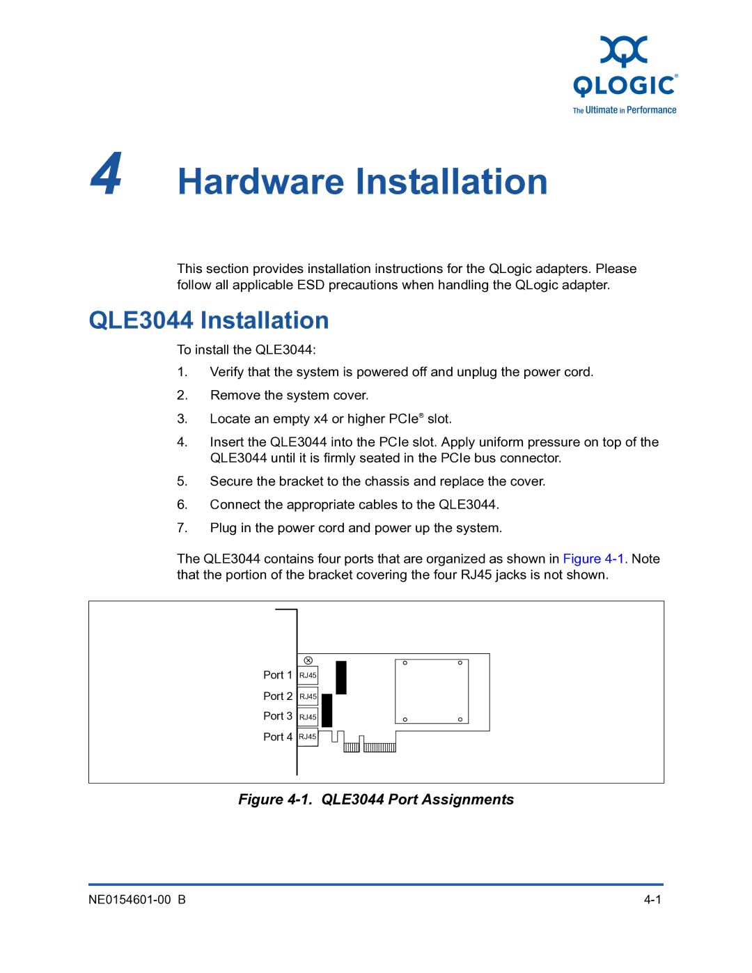 Q-Logic 3000, 3100 manual Hardware Installation, QLE3044 Installation 