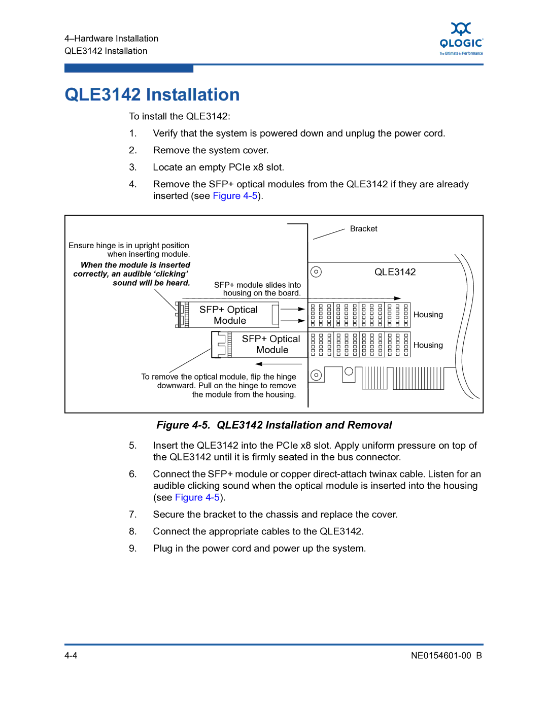 Q-Logic 3100, 3000 manual QLE3142 Installation, Module SFP+ Optical 