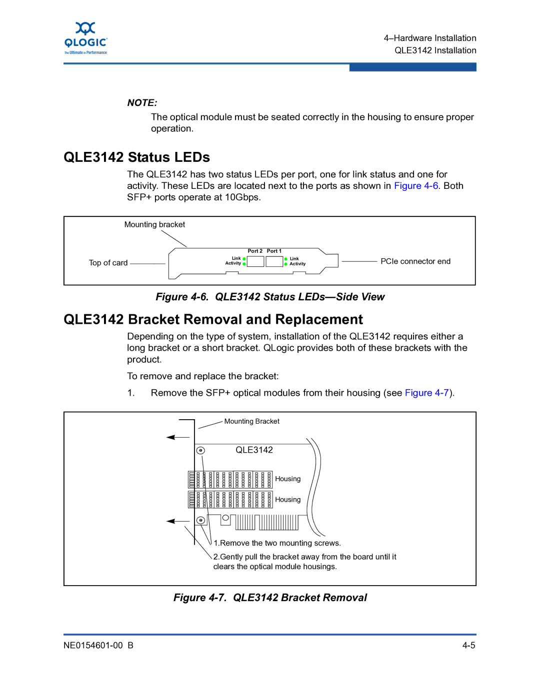 Q-Logic 3000, 3100 manual QLE3142 Status LEDs, QLE3142 Bracket Removal and Replacement 