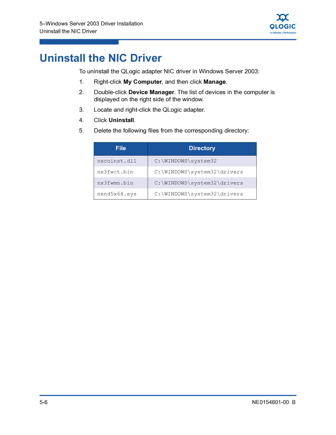 Q-Logic 3100, 3000 Uninstall the NIC Driver, Delete the following files from the corresponding directory, File Directory 