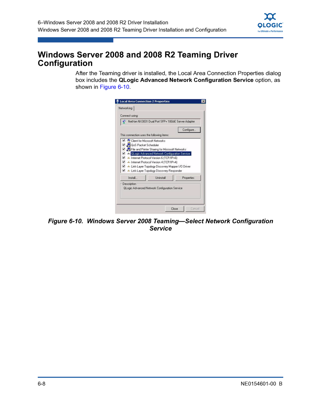 Q-Logic 3100, 3000 manual Windows Server 2008 and 2008 R2 Teaming Driver Configuration 