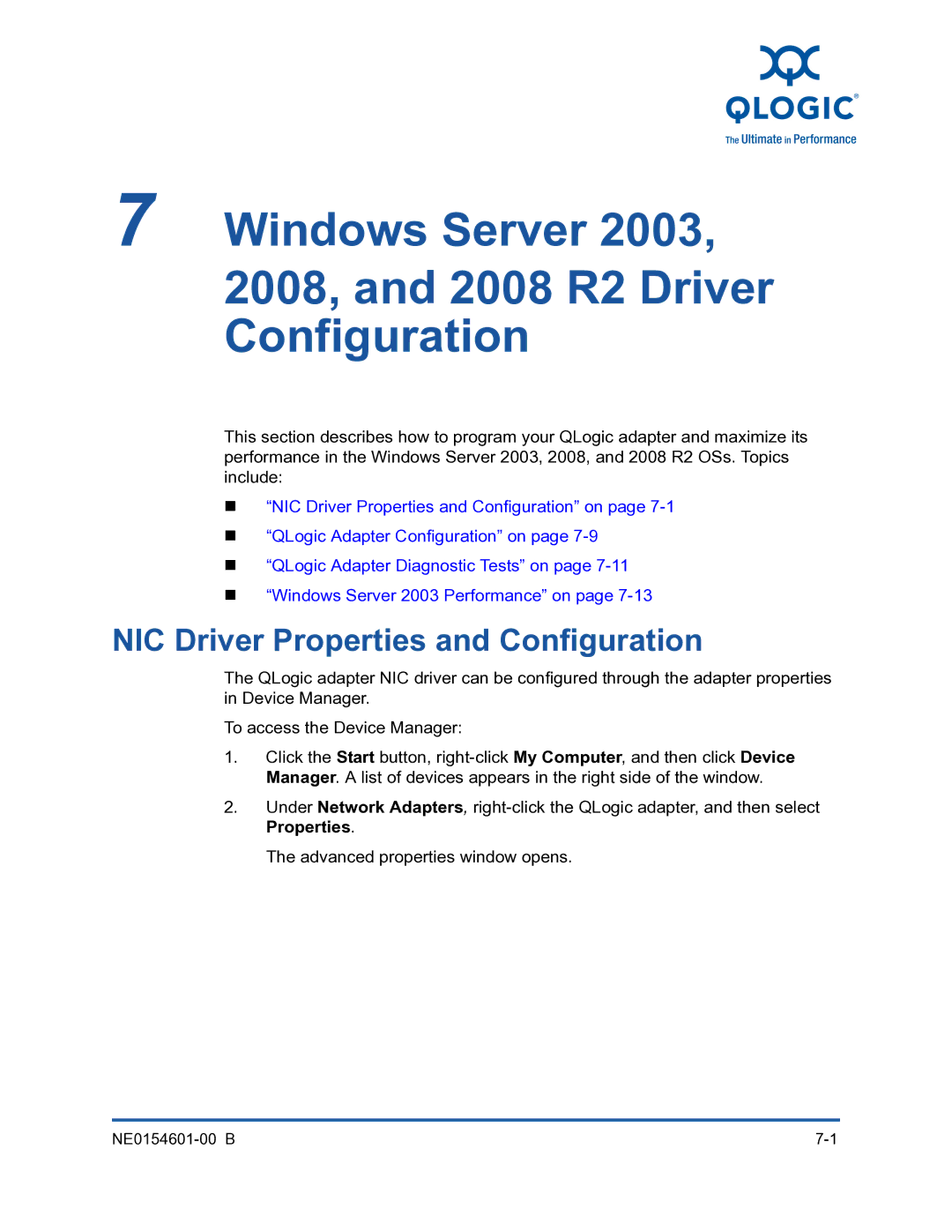 Q-Logic 3000, 3100 manual Windows Server 2008, and 2008 R2 Driver Configuration, NIC Driver Properties and Configuration 