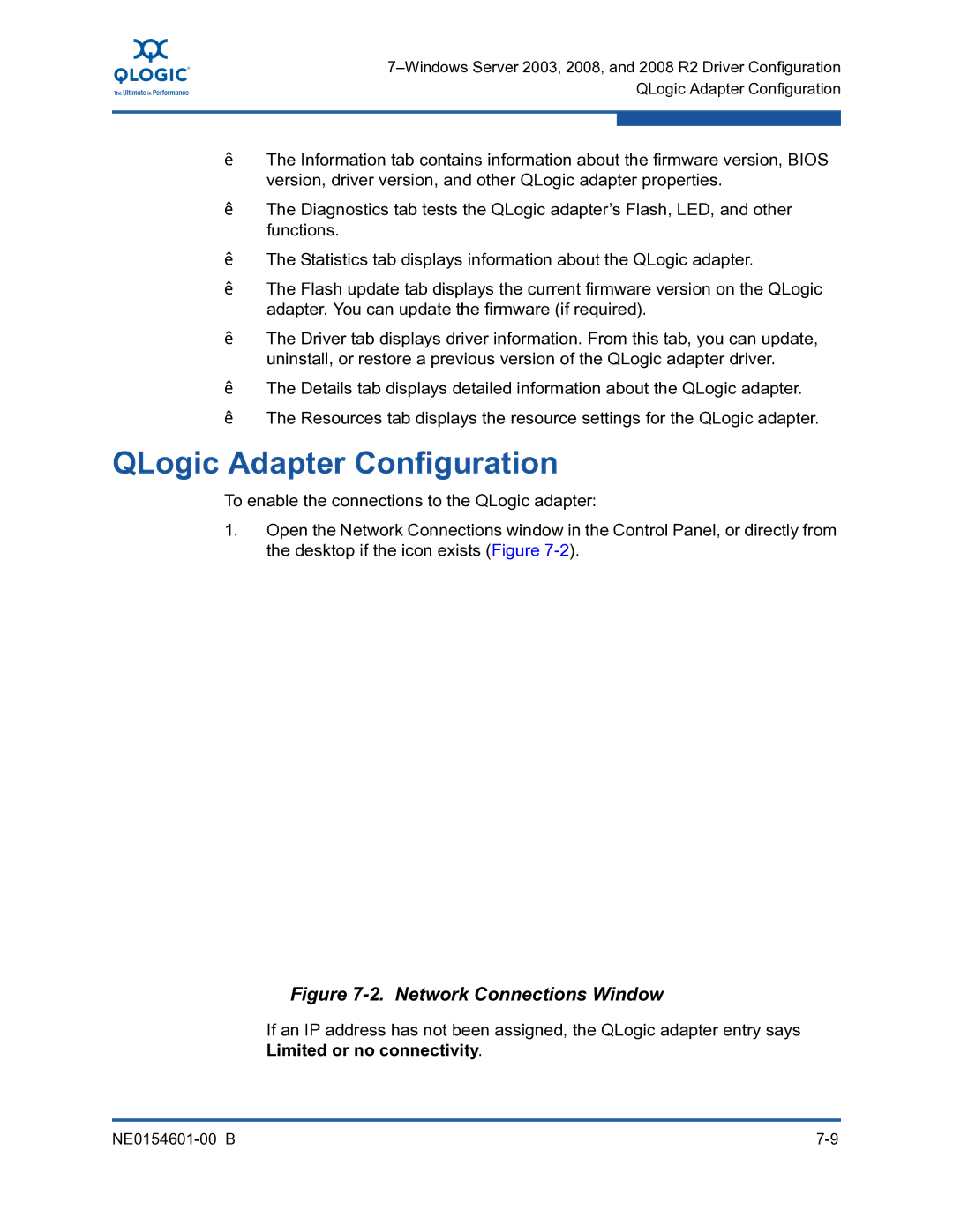 Q-Logic 3000, 3100 manual QLogic Adapter Configuration, Network Connections Window 