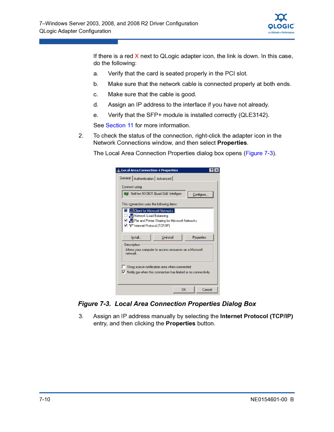 Q-Logic 3100, 3000 manual Local Area Connection Properties Dialog Box 