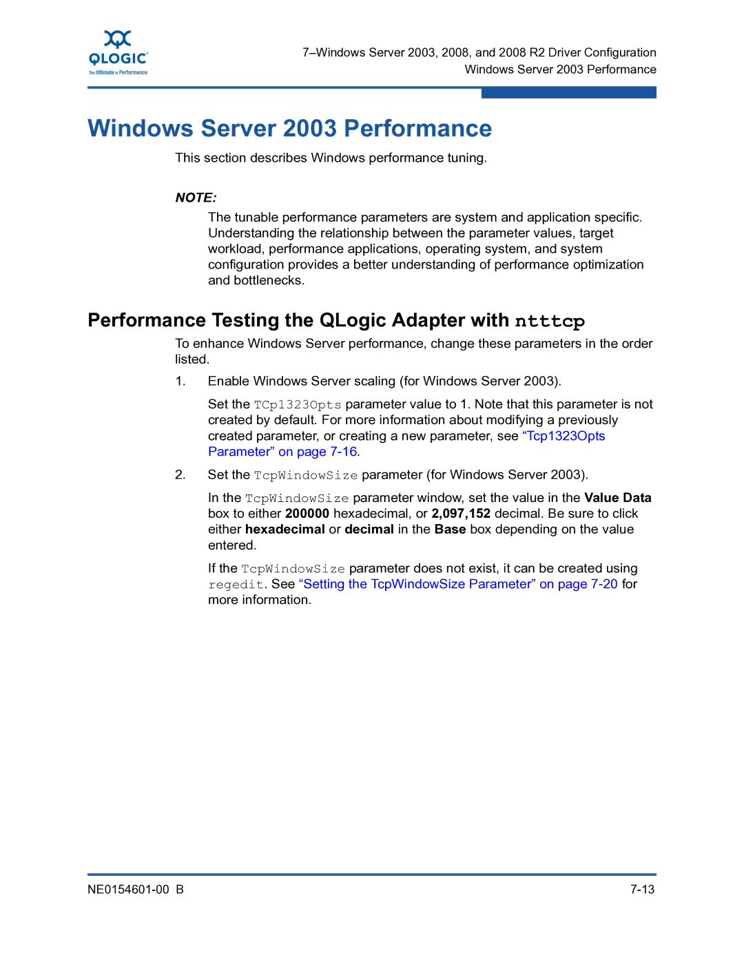 Q-Logic 3000, 3100 manual Windows Server 2003 Performance, Performance Testing the QLogic Adapter with ntttcp 