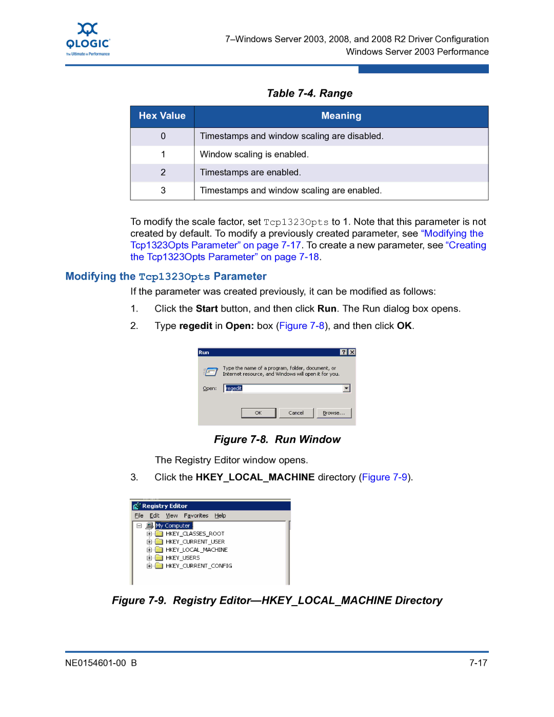 Q-Logic 3000, 3100 manual Range, Modifying the Tcp1323Opts Parameter, Hex Value Meaning 