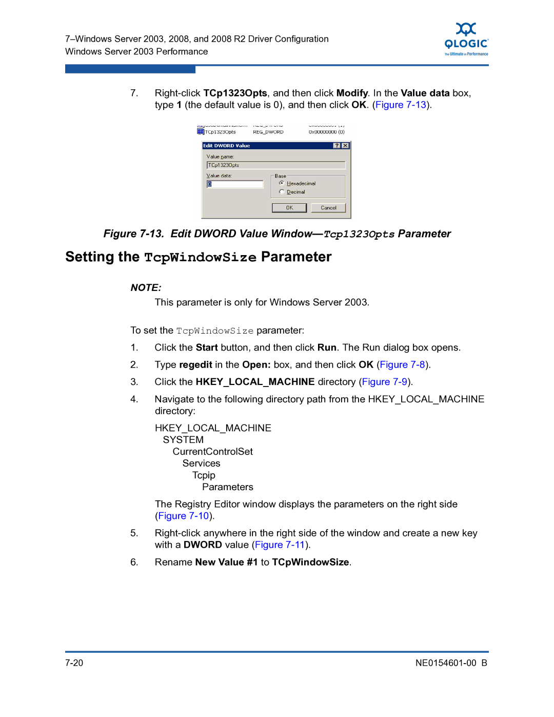 Q-Logic 3100, 3000 manual Setting the TcpWindowSize Parameter, Edit Dword Value Window-Tcp1323OptsParameter 