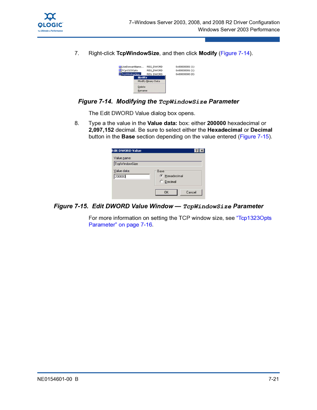 Q-Logic 3000, 3100 manual Modifying the TcpWindowSize Parameter, Edit Dword Value Window TcpWindowSize Parameter 