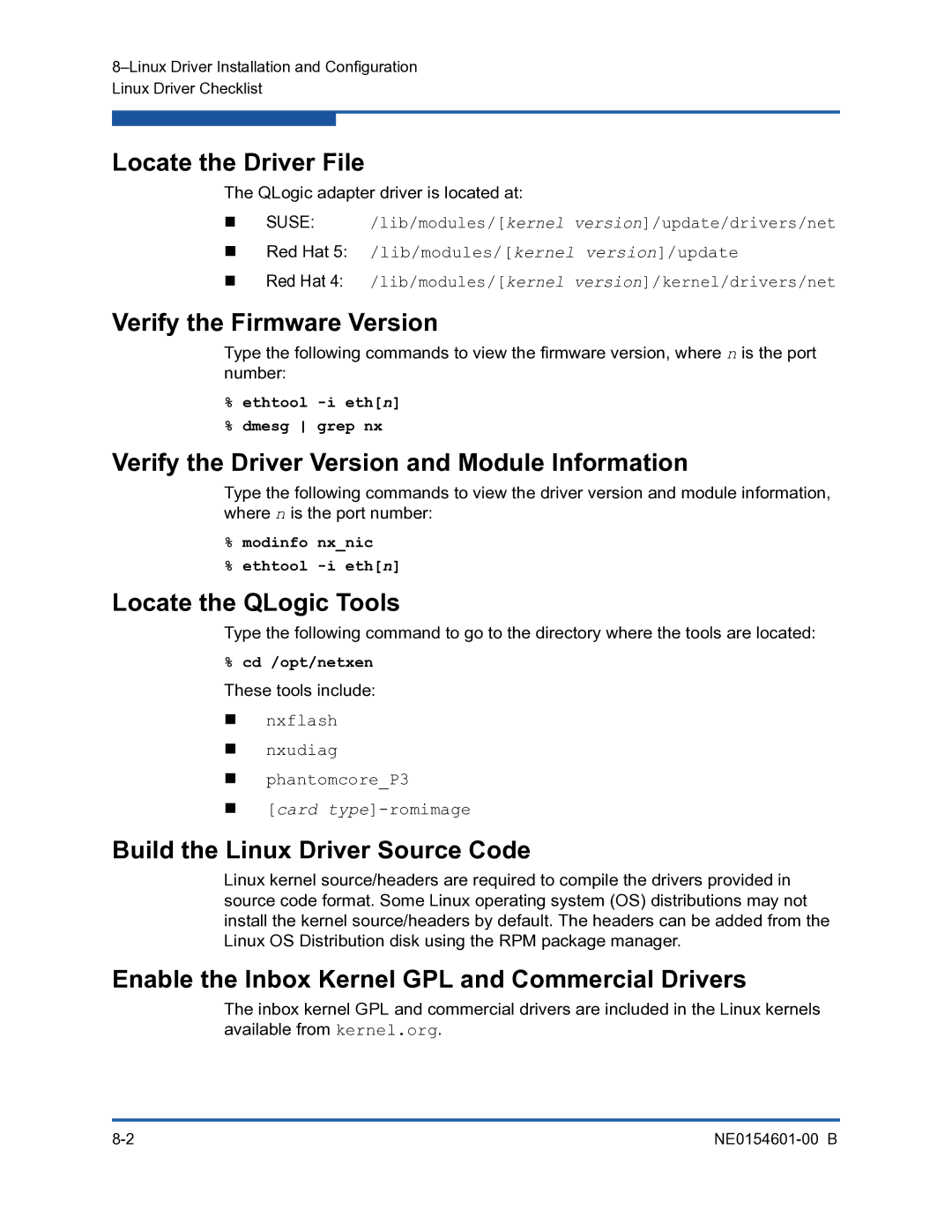 Q-Logic 3100, 3000 Locate the Driver File, Verify the Firmware Version, Verify the Driver Version and Module Information 