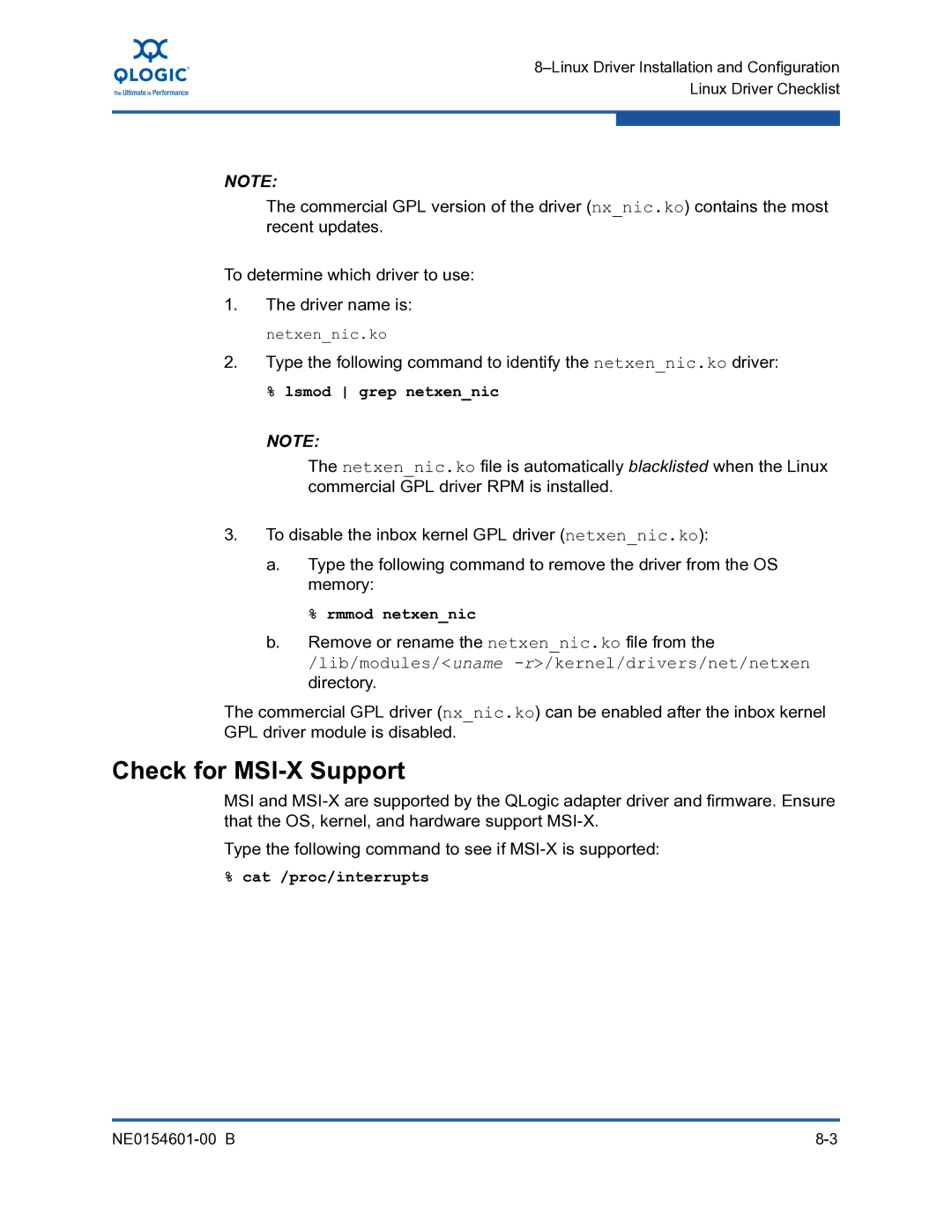 Q-Logic 3000, 3100 manual Check for MSI-X Support, Remove or rename the netxennic.ko file from 