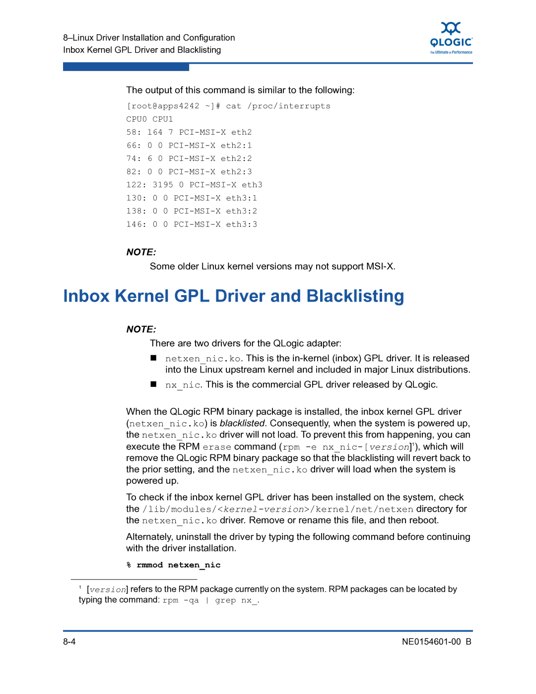 Q-Logic 3100, 3000 manual Inbox Kernel GPL Driver and Blacklisting, Output of this command is similar to the following 