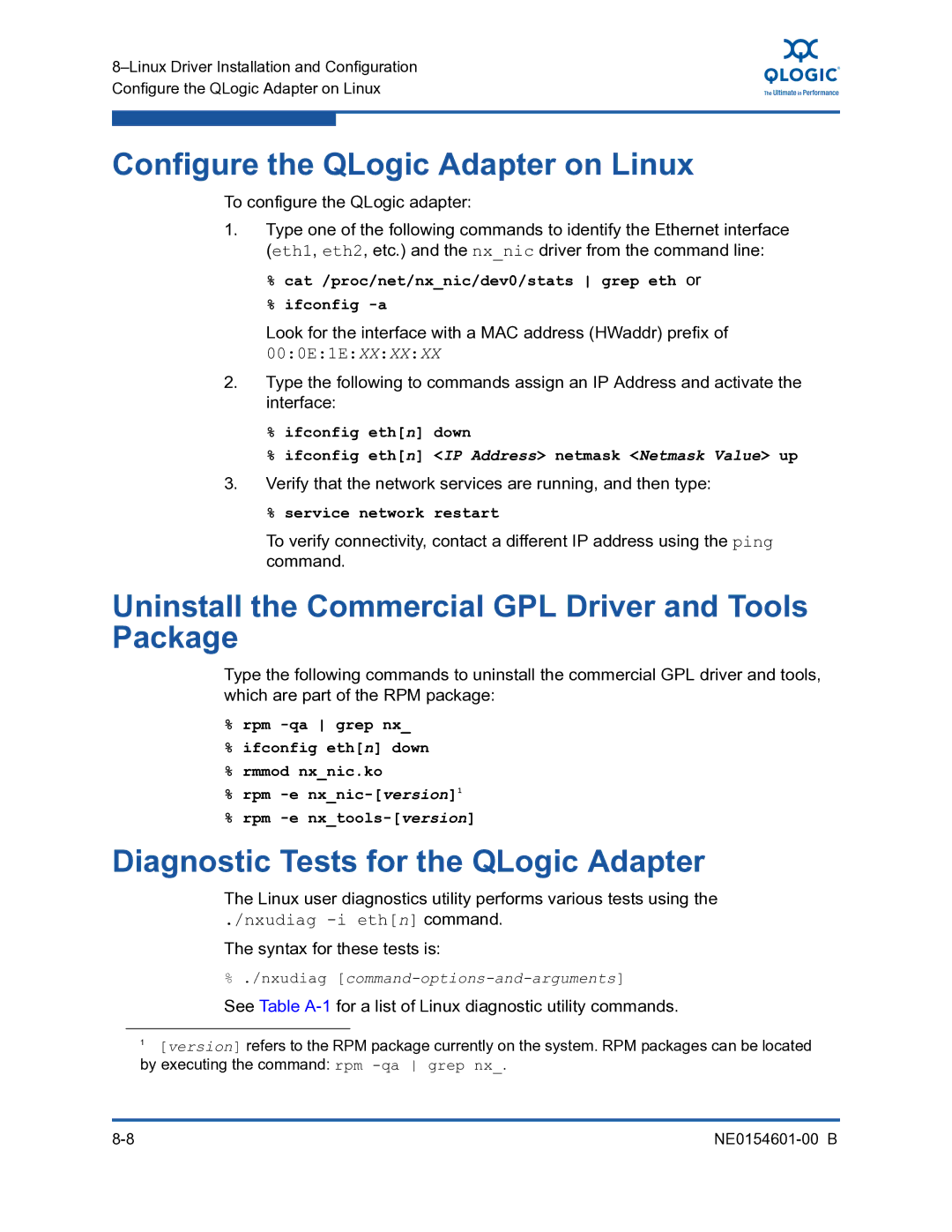 Q-Logic 3100, 3000 manual Configure the QLogic Adapter on Linux, Uninstall the Commercial GPL Driver and Tools Package 