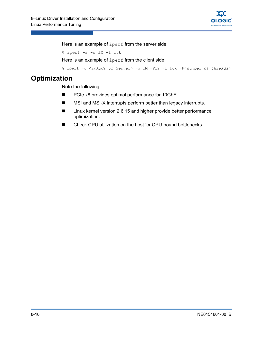 Q-Logic 3100, 3000 manual Optimization, Here is an example of iperf from the server side 