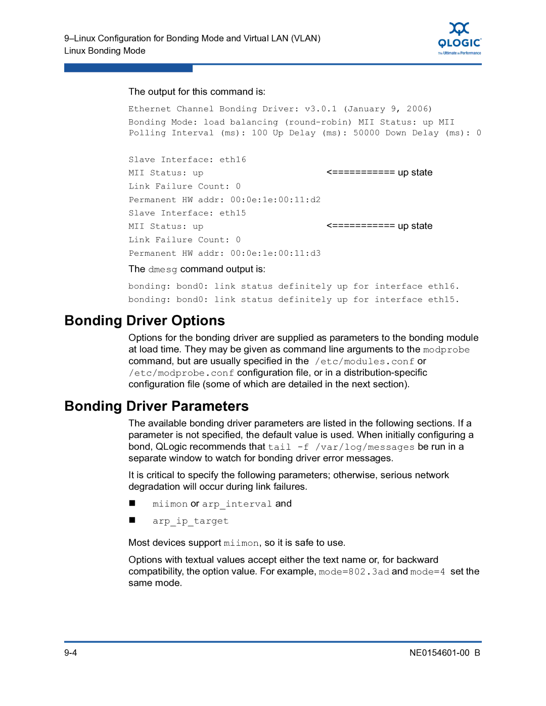 Q-Logic 3100, 3000 manual Bonding Driver Options, Bonding Driver Parameters, Dmesg command output is 