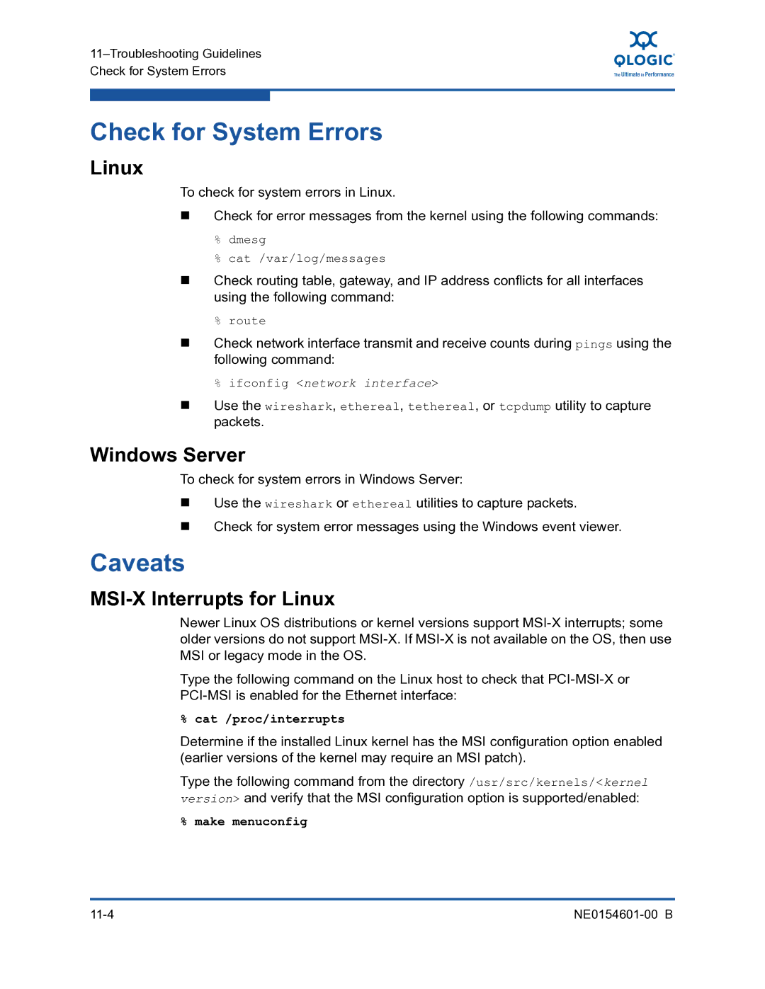 Q-Logic 3100, 3000 manual Check for System Errors, Caveats, MSI-X Interrupts for Linux 