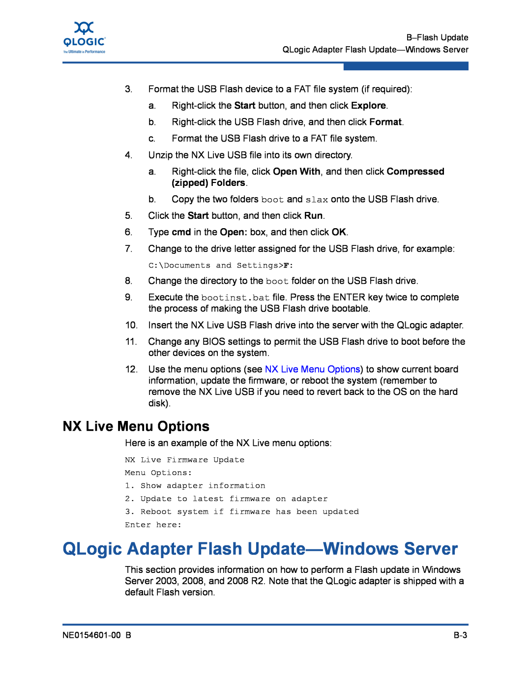 Q-Logic 3000, 3100 manual QLogic Adapter Flash Update-Windows Server, NX Live Menu Options 