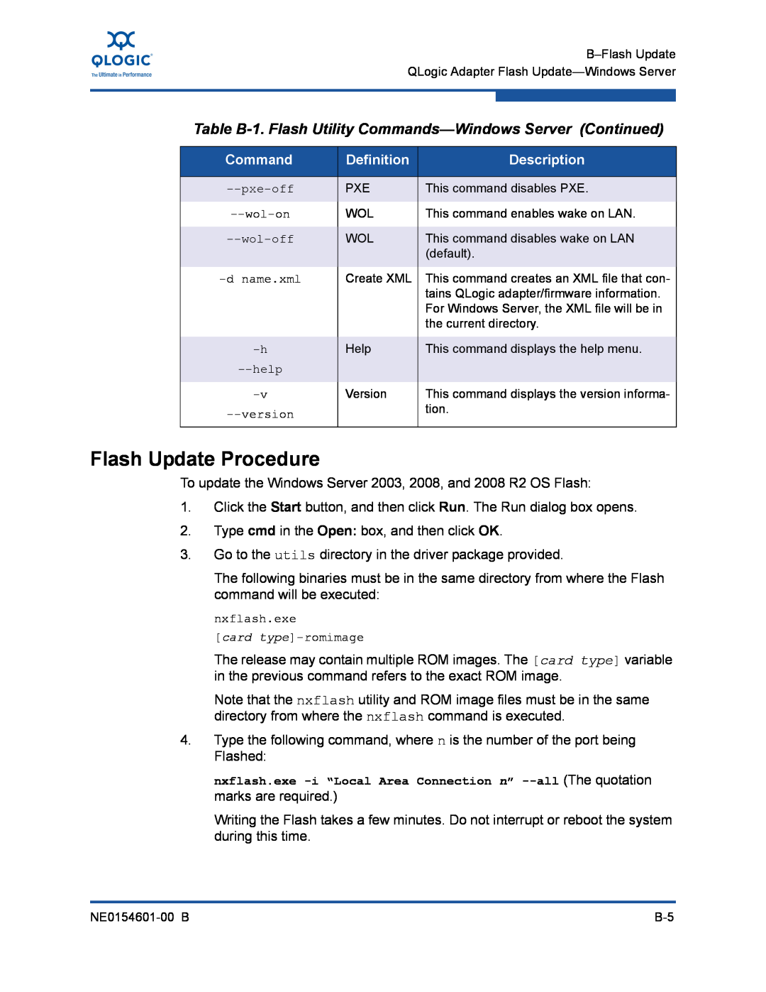 Q-Logic 3000 Flash Update Procedure, Table B-1. Flash Utility Commands-Windows Server Continued, Definition, Description 