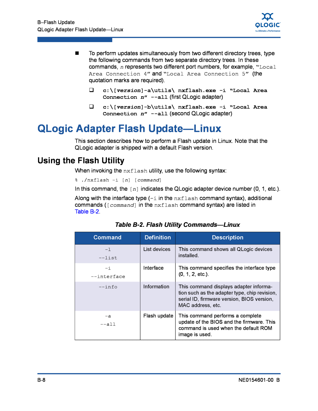 Q-Logic 3100, 3000 QLogic Adapter Flash Update-Linux, Table B-2. Flash Utility Commands-Linux, Using the Flash Utility 