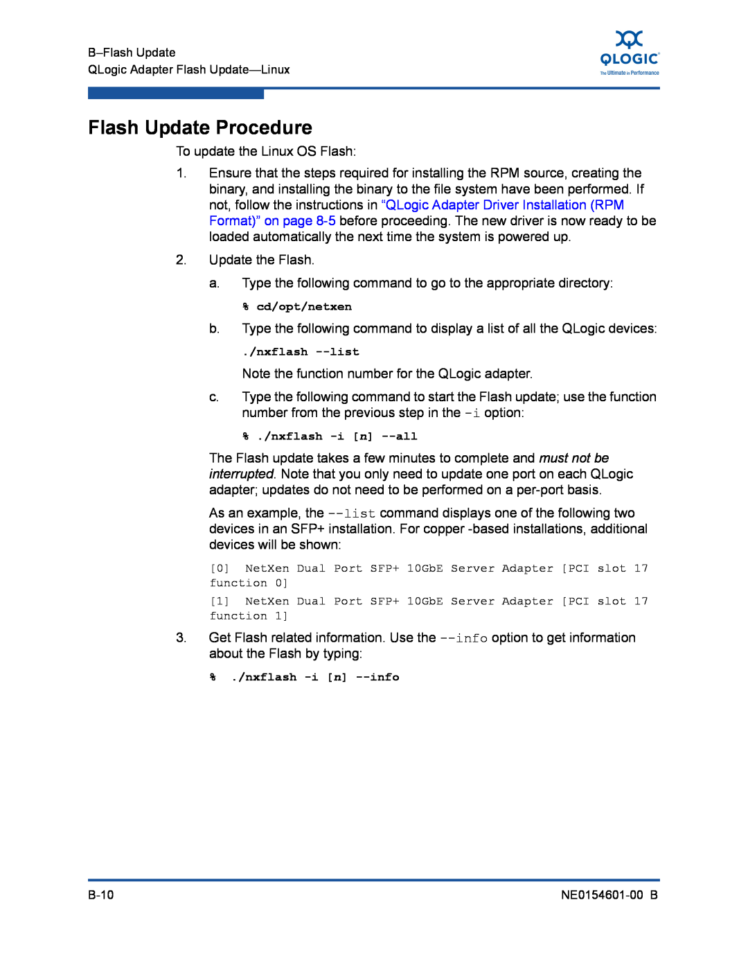 Q-Logic 3100, 3000 manual Flash Update Procedure, To update the Linux OS Flash 