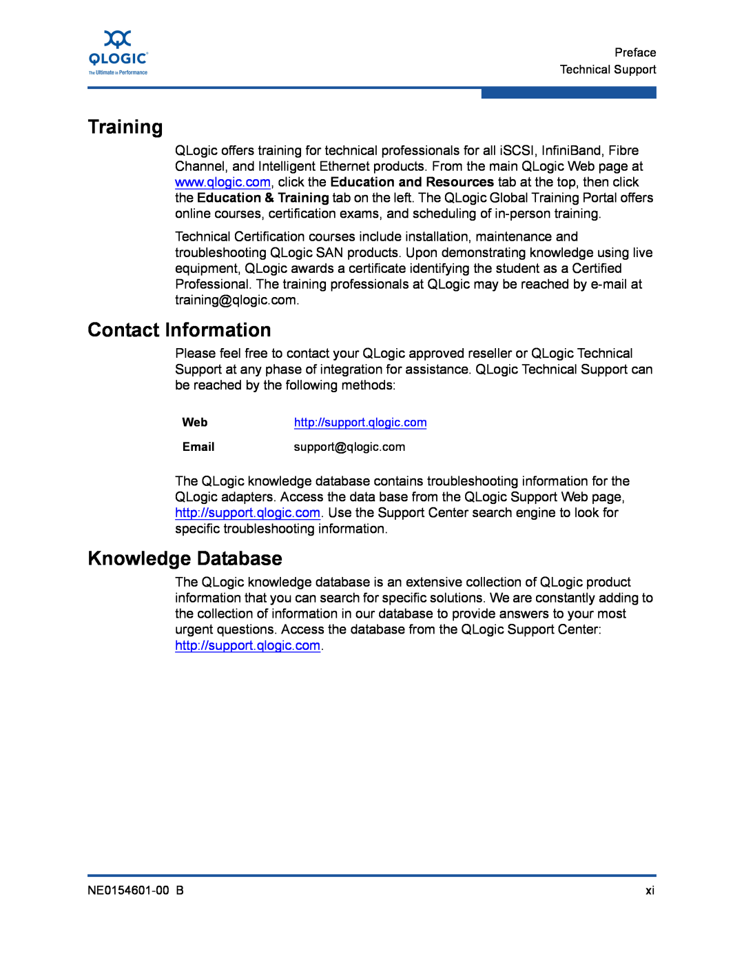 Q-Logic 3000, 3100 manual Training, Contact Information, Knowledge Database, Webhttp//support.qlogic.com 
