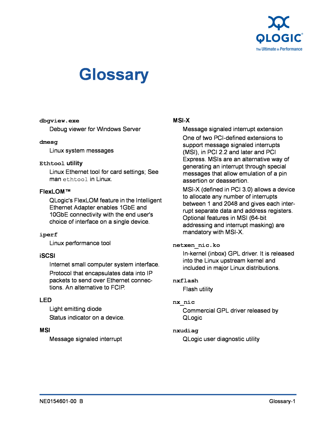 Q-Logic 3000, 3100 manual Glossary, dbgview.exe, dmesg, Ethtool utility, iperf, netxennic.ko, nxflash, nxnic, nxudiag 