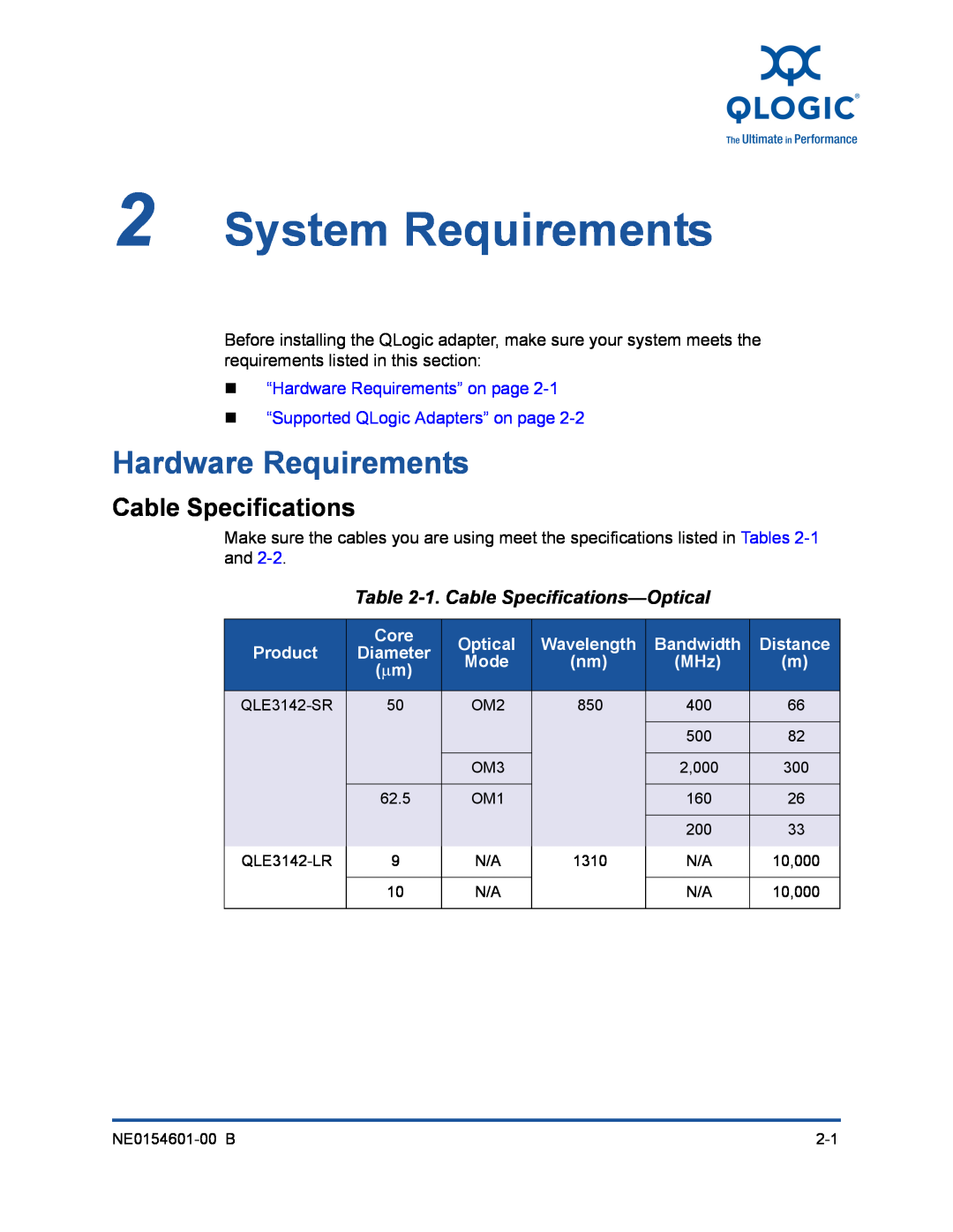 Q-Logic 3000 System Requirements, Hardware Requirements, 1. Cable Specifications-Optical, Core, Wavelength, Bandwidth 