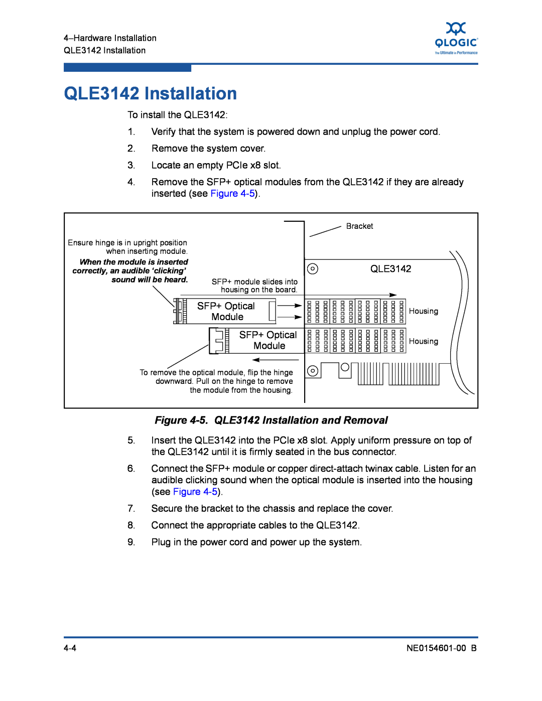 Q-Logic 3100, 3000 manual 5. QLE3142 Installation and Removal 