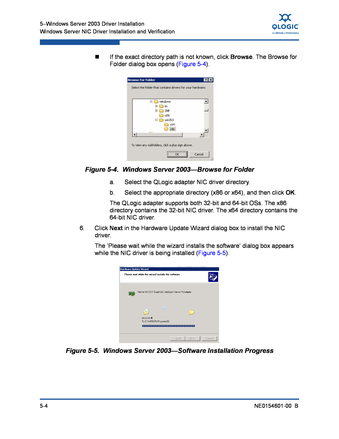 Q-Logic 3100, 3000 manual 4. Windows Server 2003-Browse for Folder, 5. Windows Server 2003-Software Installation Progress 