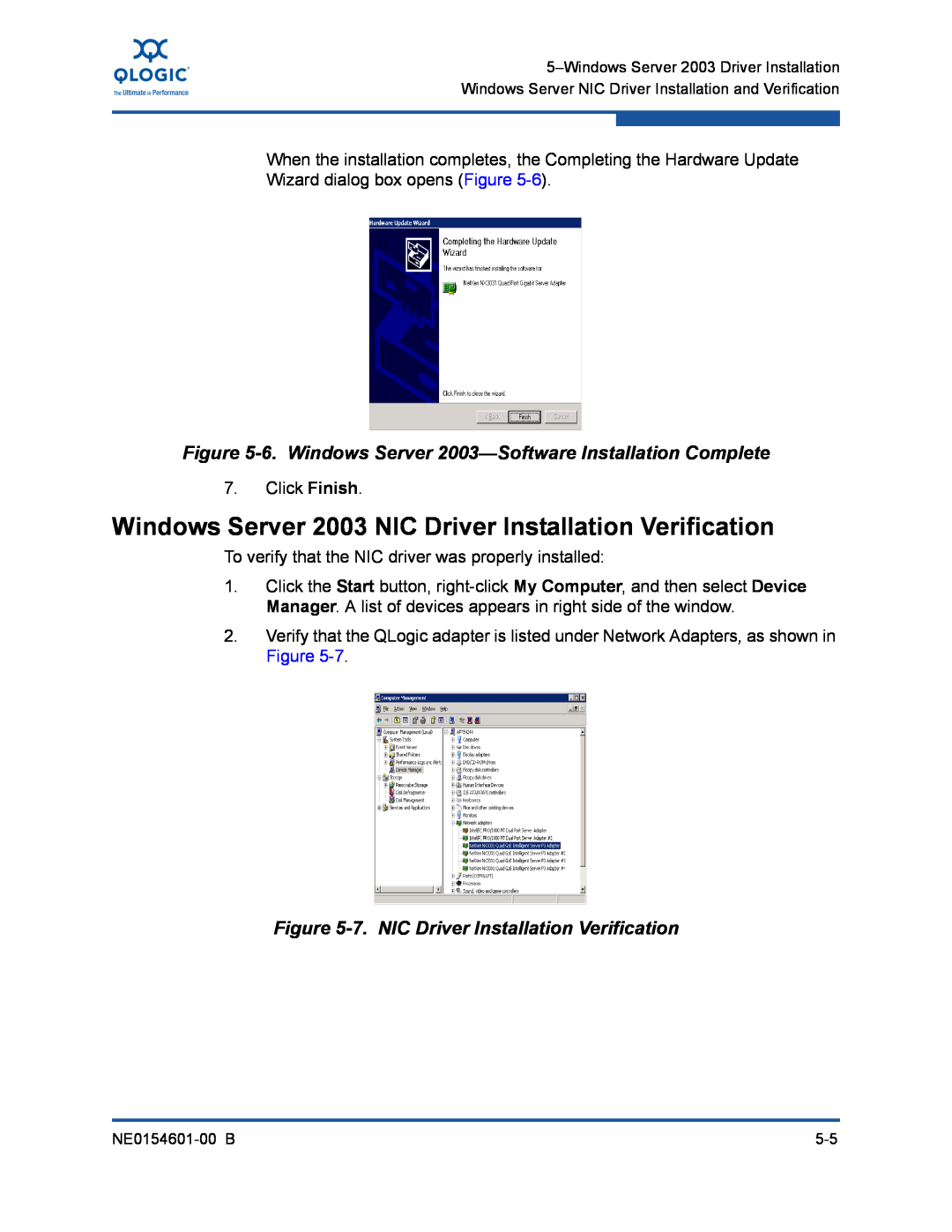 Q-Logic 3000, 3100 manual Windows Server 2003 NIC Driver Installation Verification, 7. NIC Driver Installation Verification 