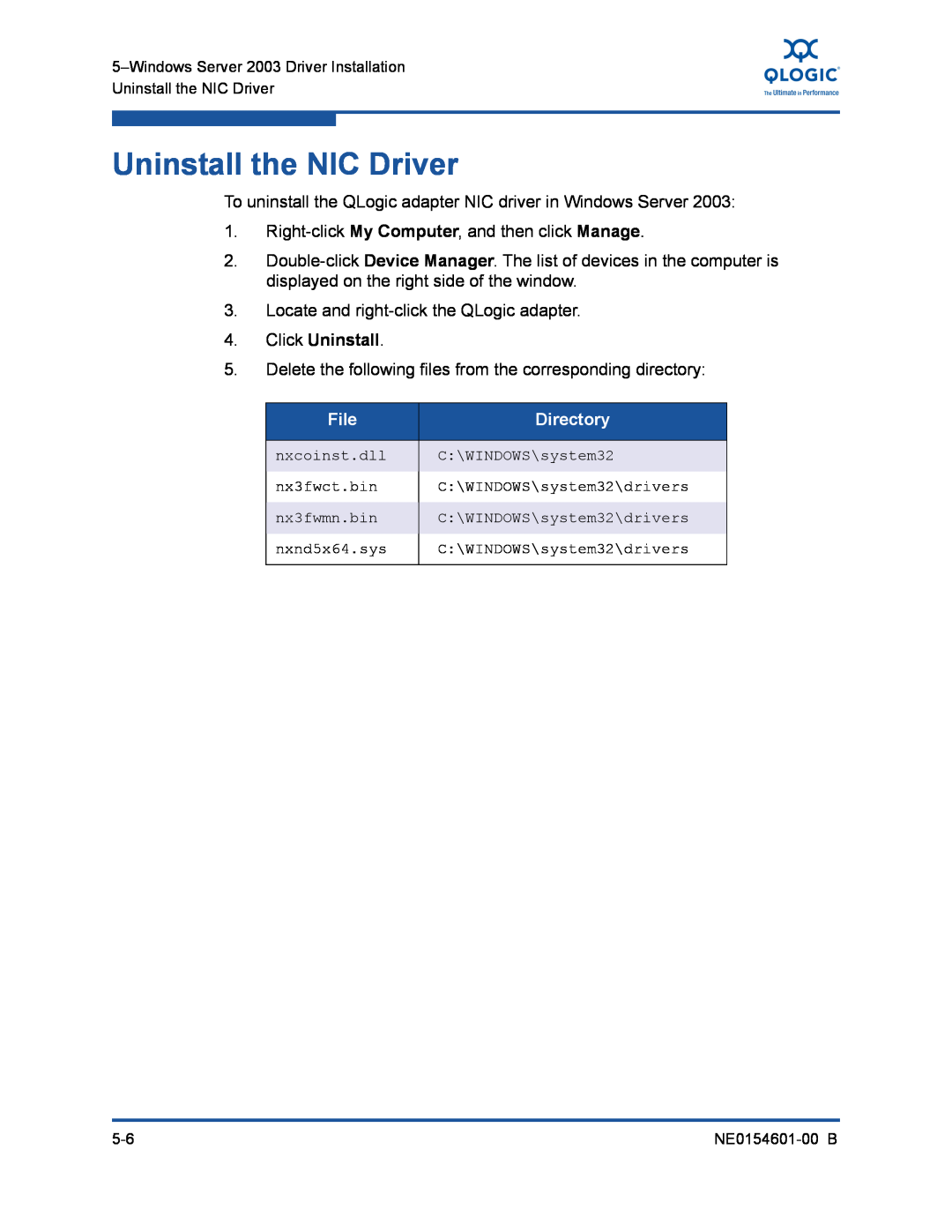 Q-Logic 3100, 3000 manual Uninstall the NIC Driver, File, Directory 