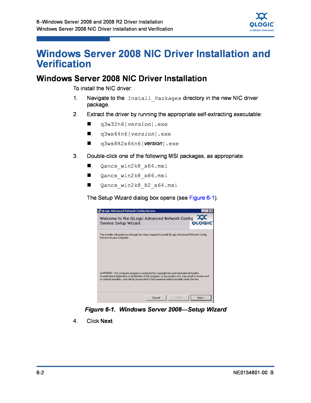 Q-Logic 3100, 3000 manual Windows Server 2008 NIC Driver Installation and Verification, 1. Windows Server 2008-Setup Wizard 