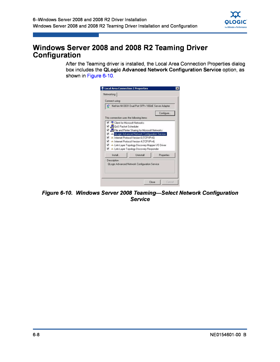 Q-Logic 3100, 3000 manual Windows Server 2008 and 2008 R2 Teaming Driver Configuration, Service, NE0154601-00 B 