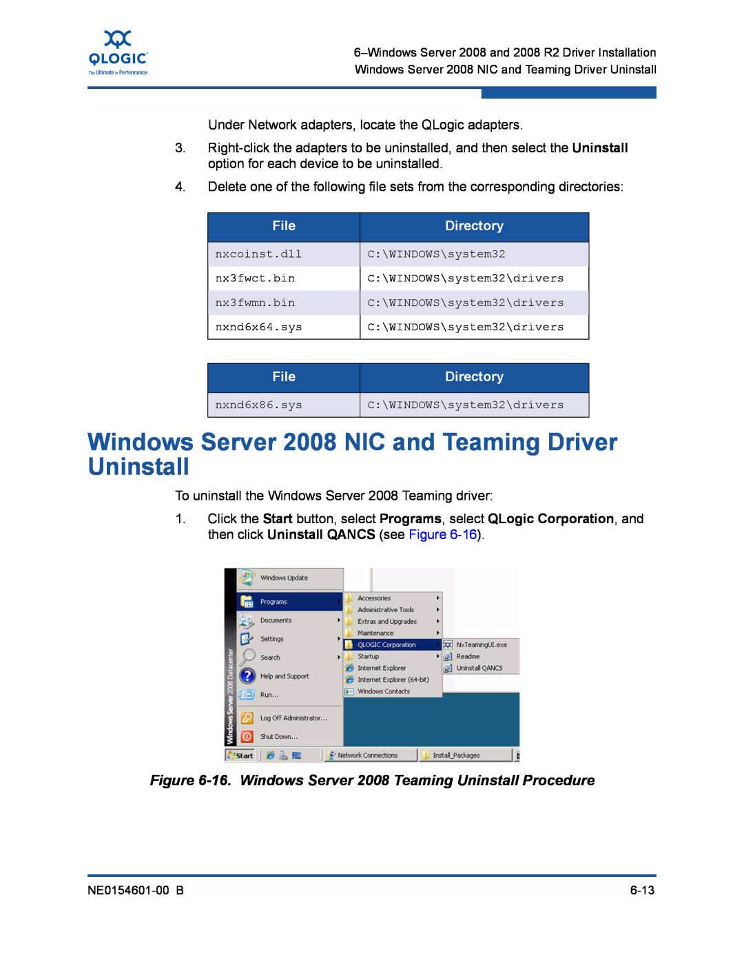 Q-Logic 3000 Windows Server 2008 NIC and Teaming Driver Uninstall, 16. Windows Server 2008 Teaming Uninstall Procedure 