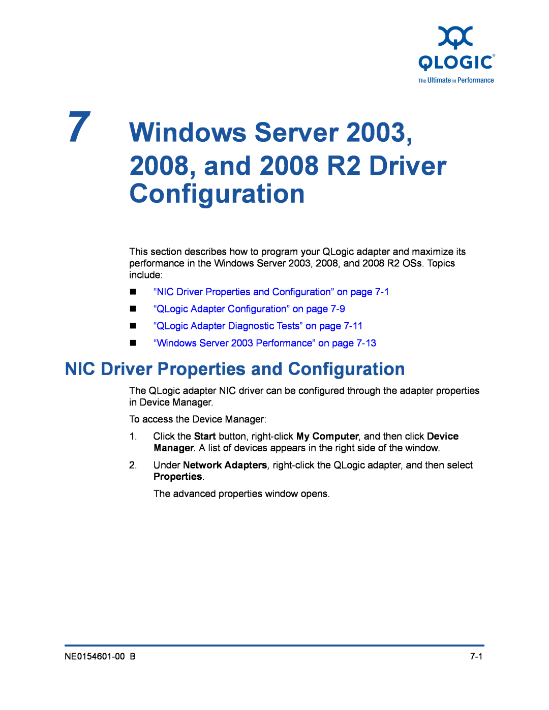 Q-Logic 3000, 3100 manual Windows Server 2008, and 2008 R2 Driver Configuration, NIC Driver Properties and Configuration 