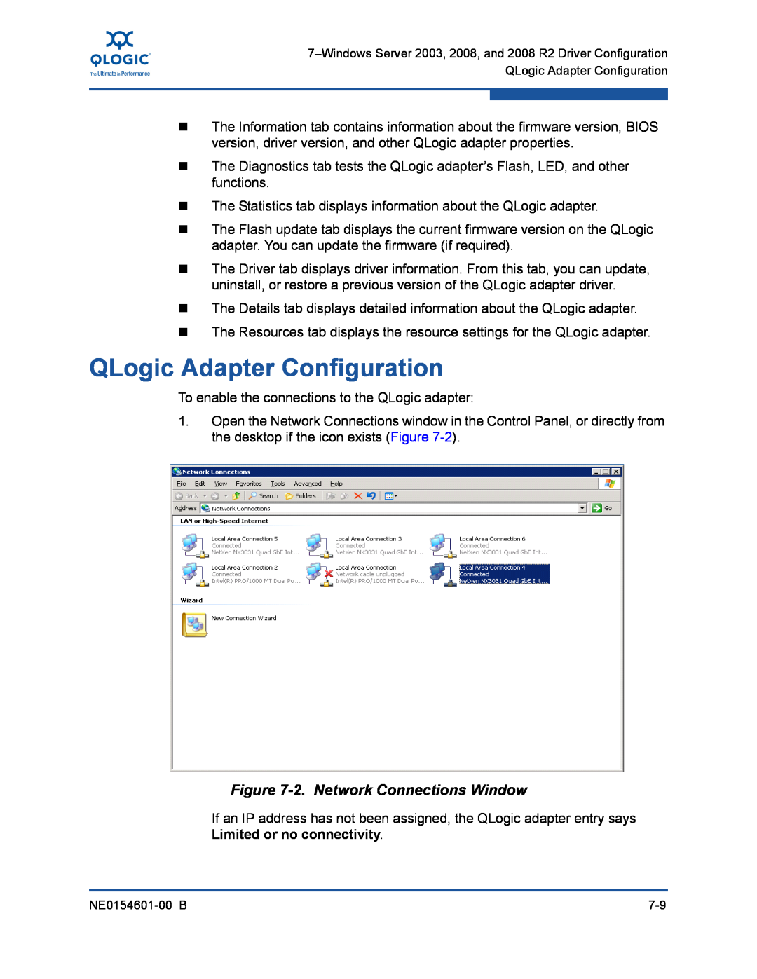 Q-Logic 3000, 3100 manual QLogic Adapter Configuration, 2. Network Connections Window 