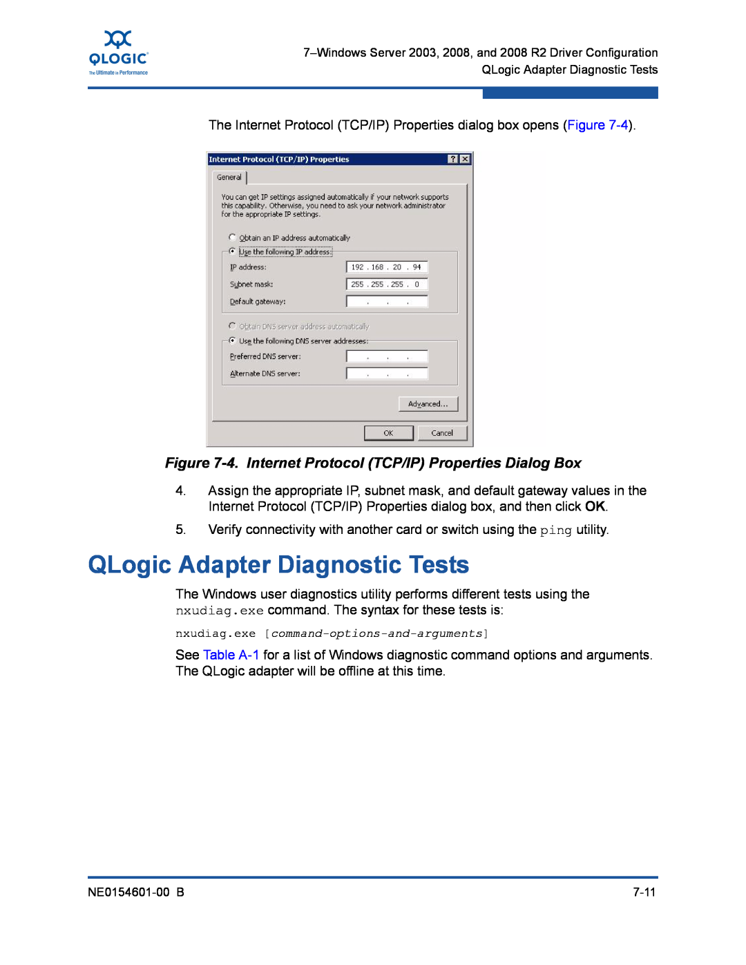 Q-Logic 3000, 3100 manual QLogic Adapter Diagnostic Tests, 4. Internet Protocol TCP/IP Properties Dialog Box 