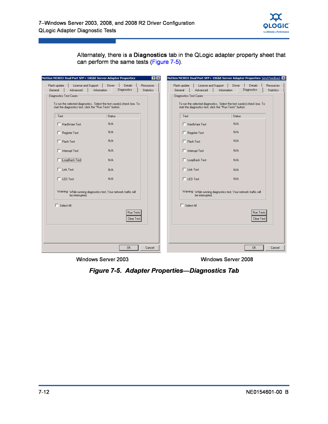 Q-Logic 3100, 3000 manual 5. Adapter Properties-Diagnostics Tab, Windows Server, 7-12, NE0154601-00 B 
