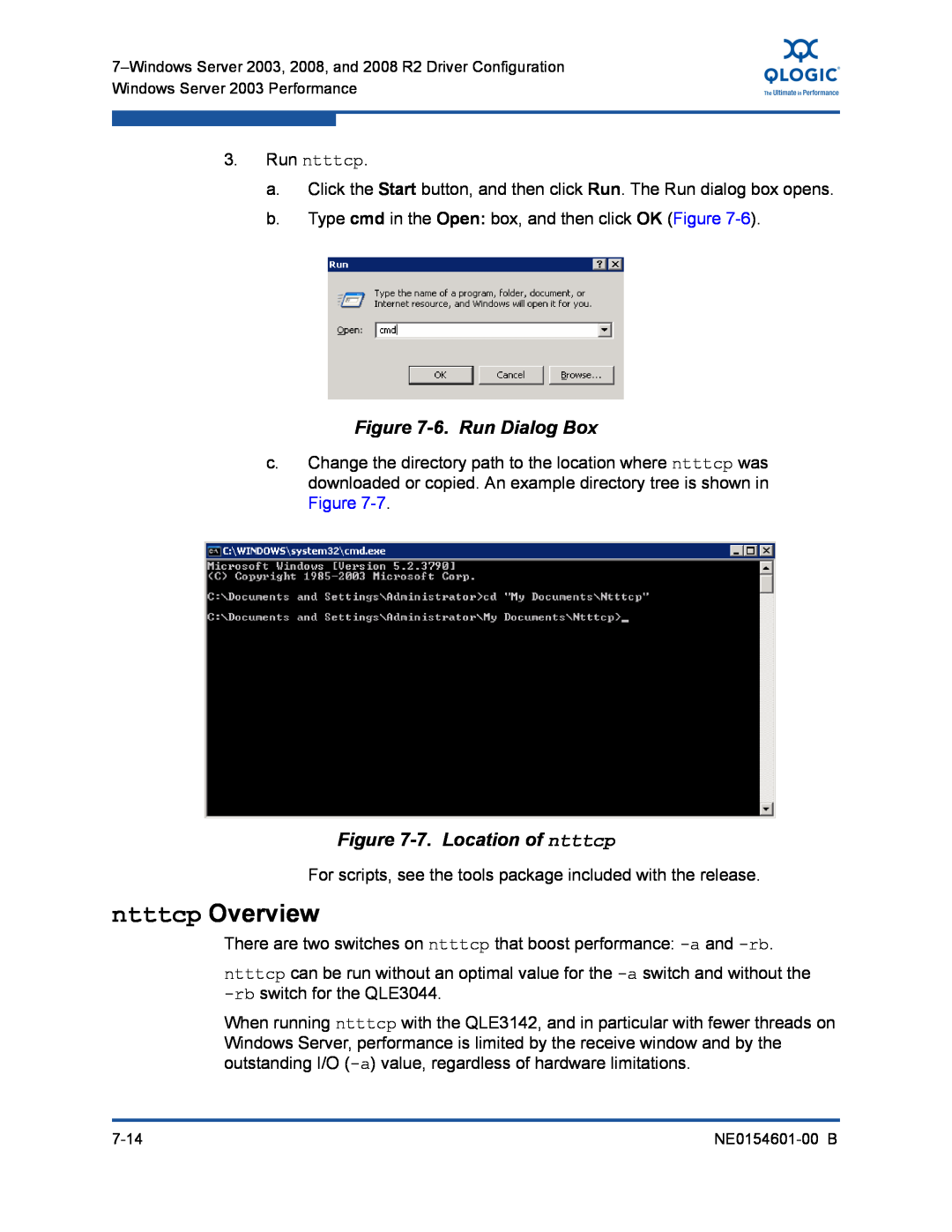 Q-Logic 3100, 3000 manual ntttcp Overview, 6. Run Dialog Box, 7. Location of ntttcp 