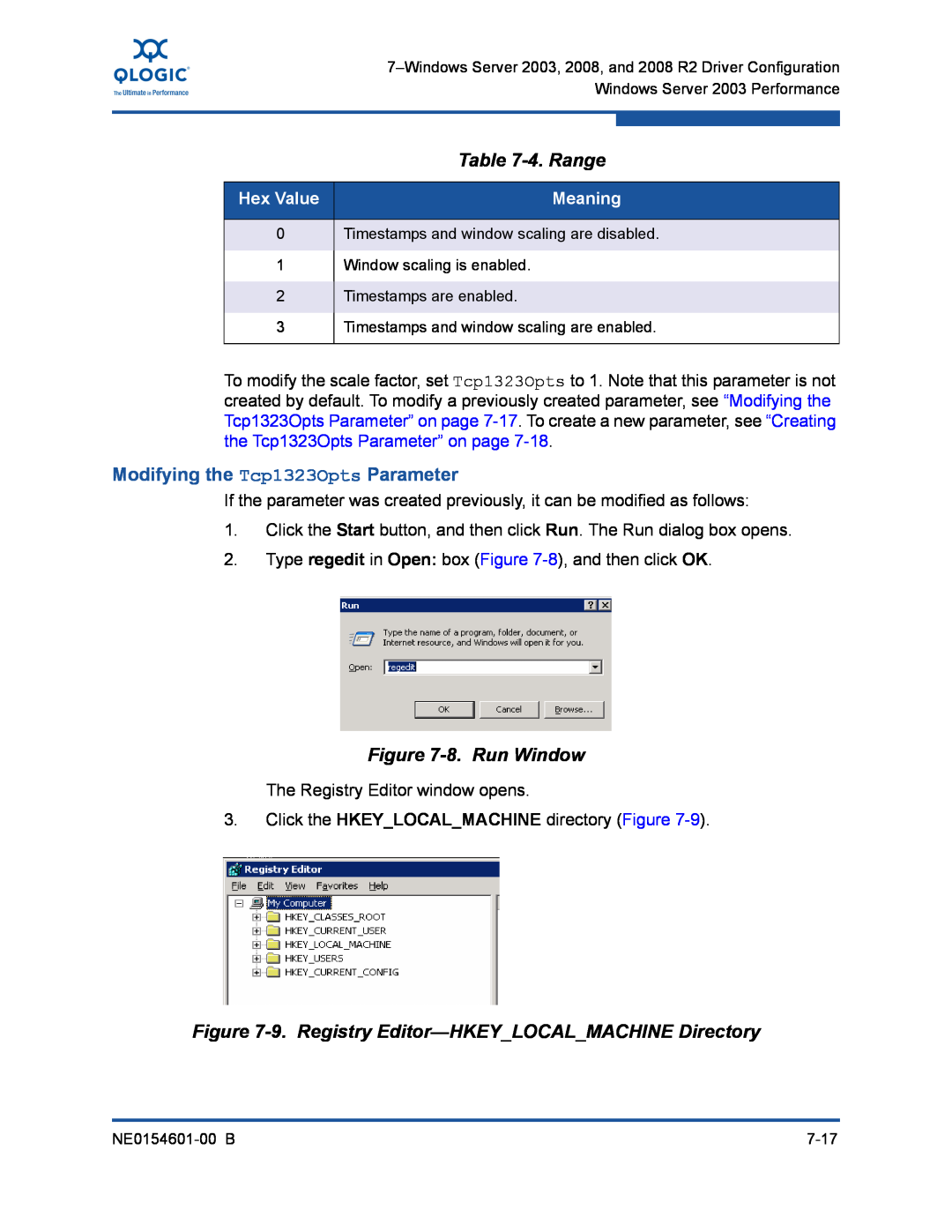 Q-Logic 3000 4. Range, Modifying the Tcp1323Opts Parameter, 8. Run Window, 9. Registry Editor-HKEYLOCALMACHINE Directory 