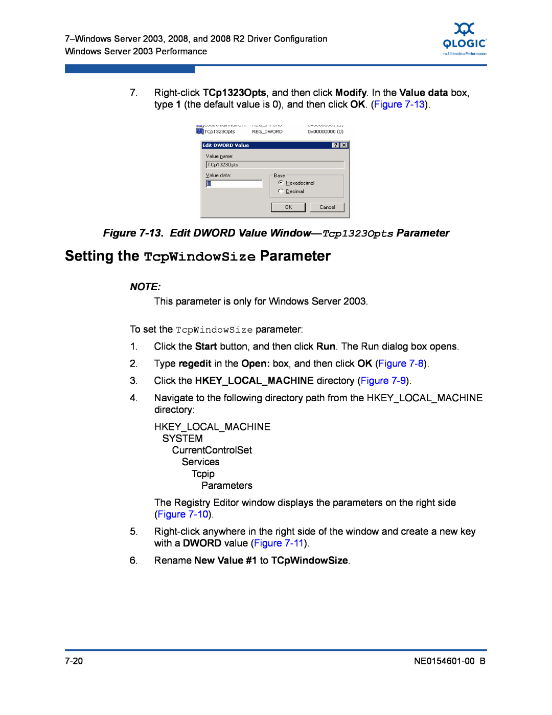 Q-Logic 3100, 3000 manual Setting the TcpWindowSize Parameter, 13. Edit DWORD Value Window-Tcp1323Opts Parameter 