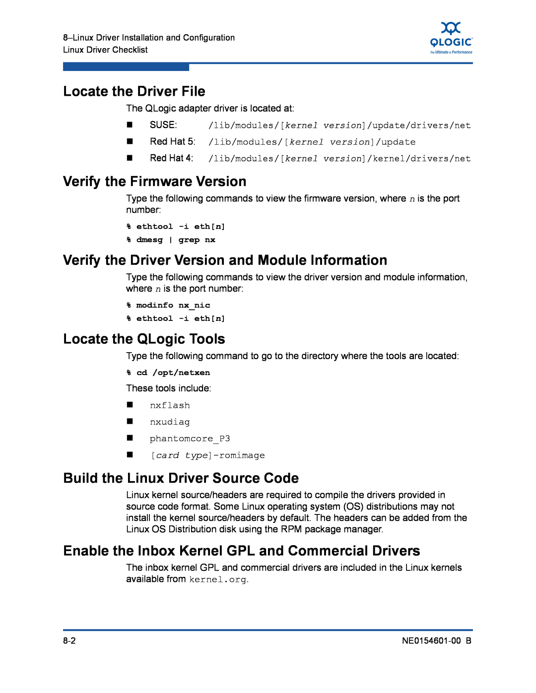 Q-Logic 3100, 3000 Locate the Driver File, Verify the Firmware Version, Verify the Driver Version and Module Information 