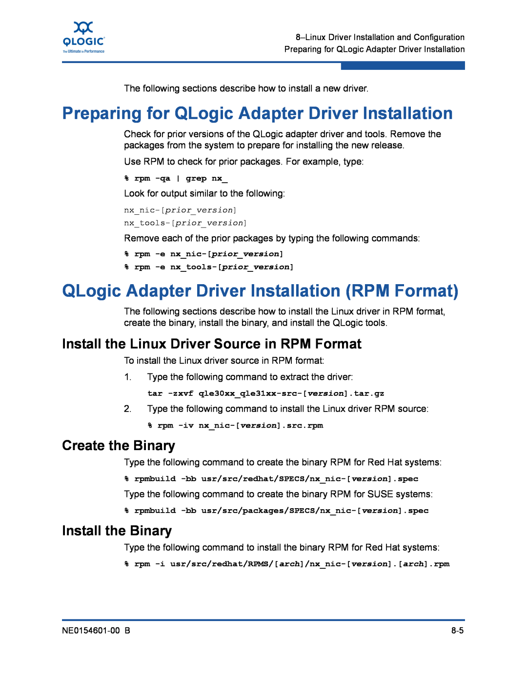 Q-Logic 3000, 3100 manual Preparing for QLogic Adapter Driver Installation, QLogic Adapter Driver Installation RPM Format 