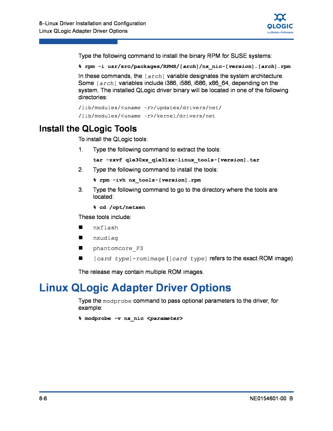Q-Logic 3100, 3000 manual Linux QLogic Adapter Driver Options, Install the QLogic Tools 