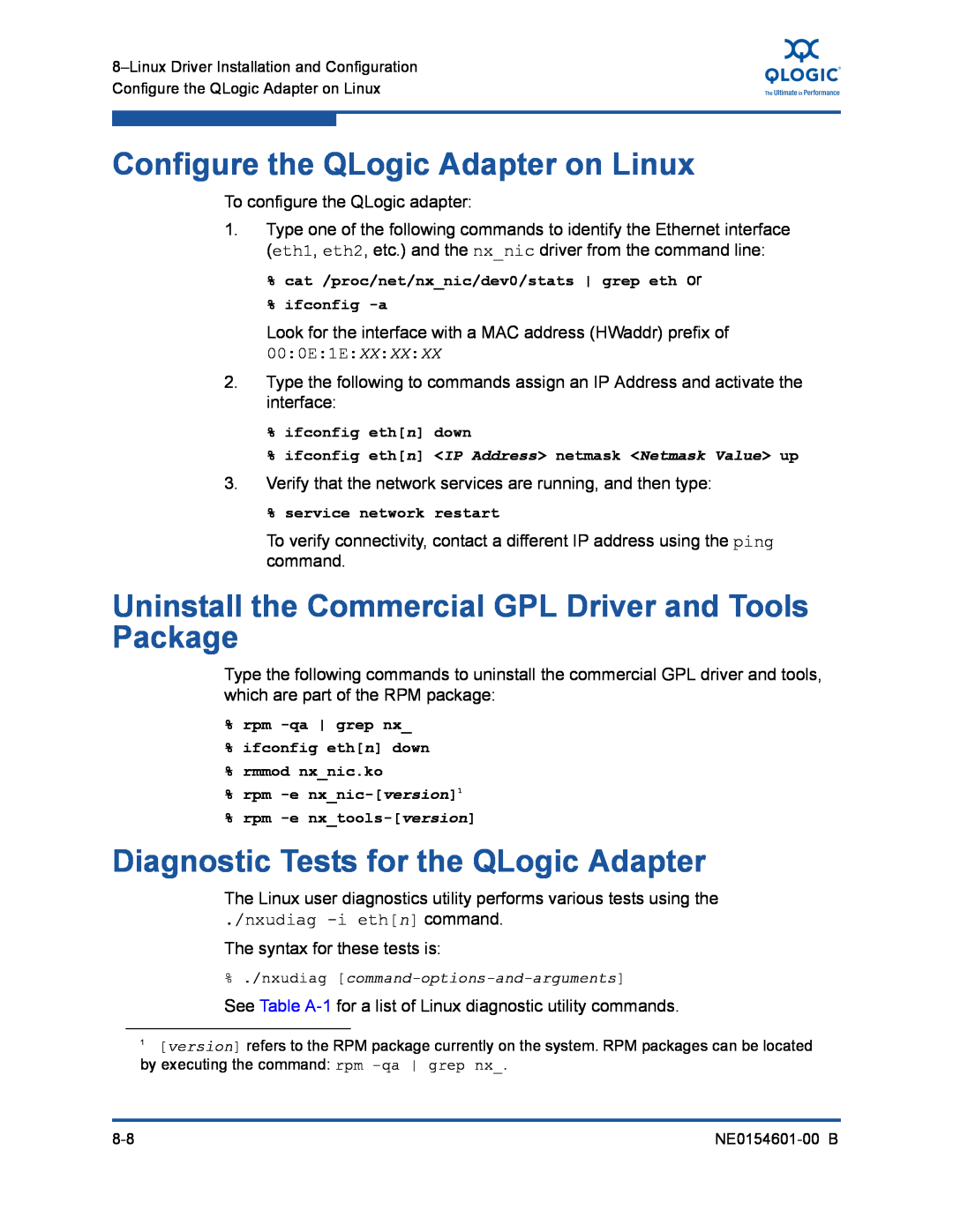 Q-Logic 3100, 3000 manual Configure the QLogic Adapter on Linux, Uninstall the Commercial GPL Driver and Tools Package 